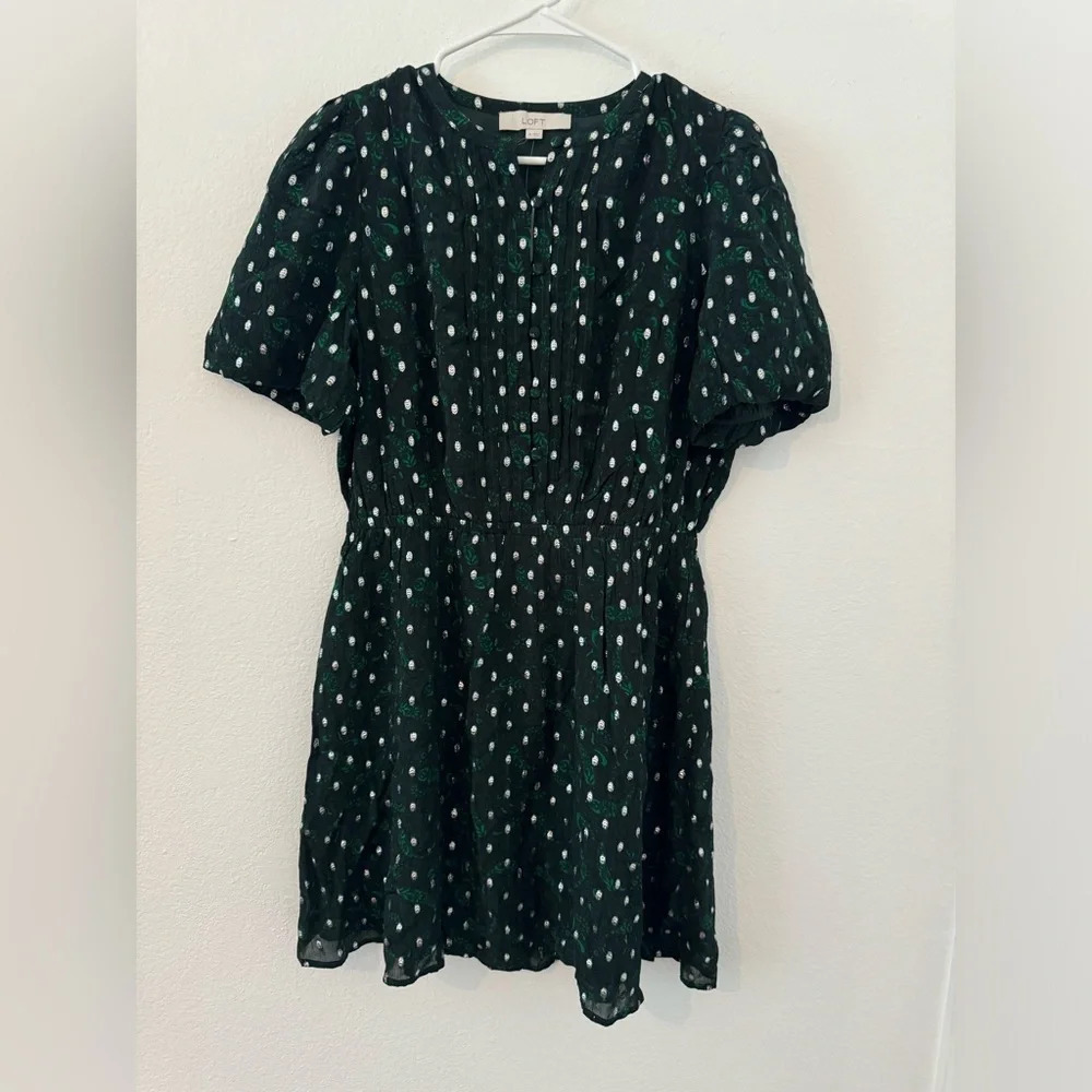 Loft Metallic Clip Pintucked Flare Dress Dark Green Silver NWT Size Medium